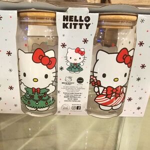 Hello Kitty Christmas Candy Cane Glass Tumbler W/ Straw 16oz Set of 2